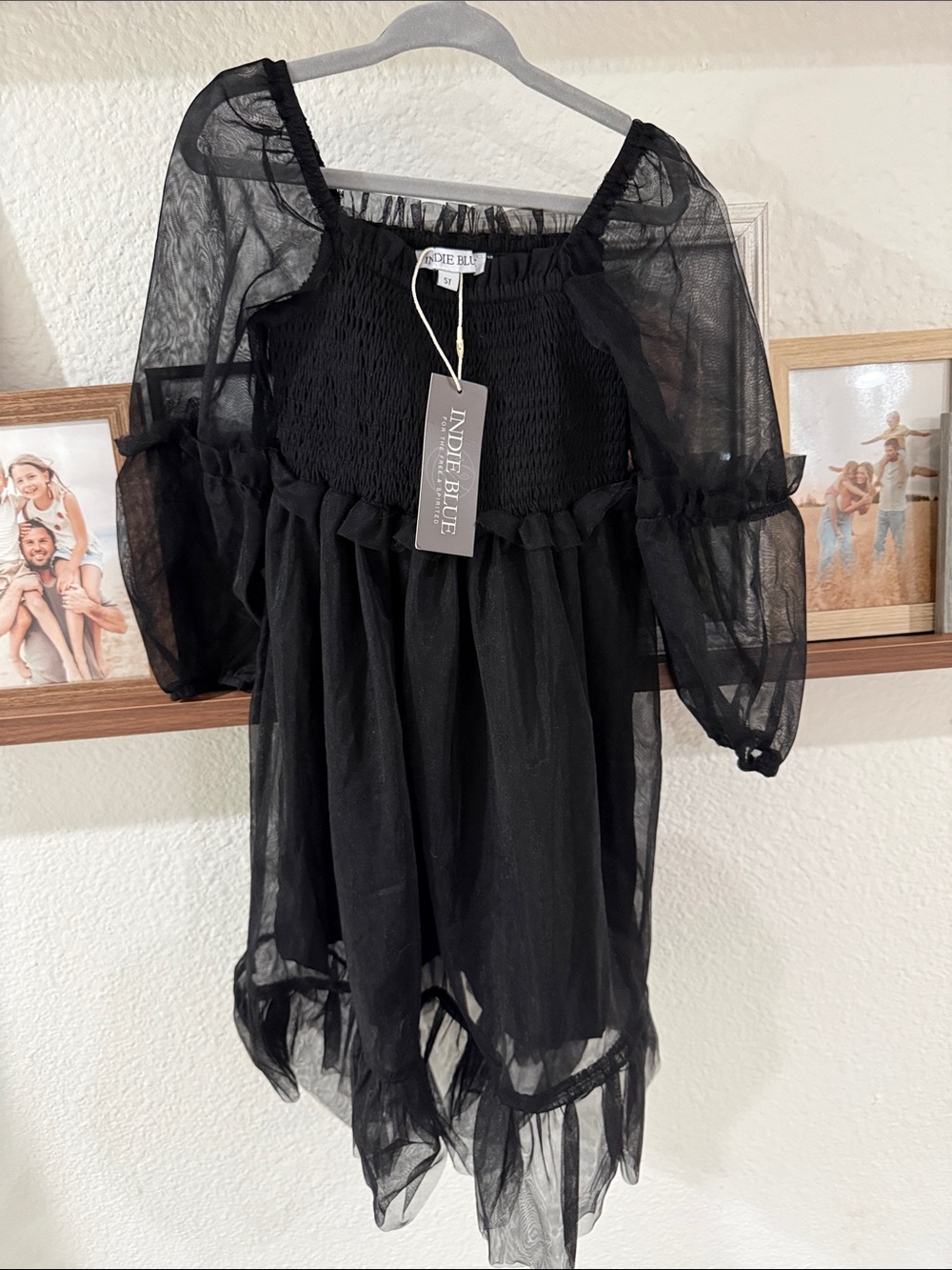 Indie Blue Black Sheer Puff Sleeve Dress